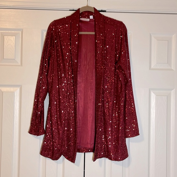Belle by Kim Gravel Size Med Deep red Sequin Cardigan Like New Condition - Picture 1 of 5